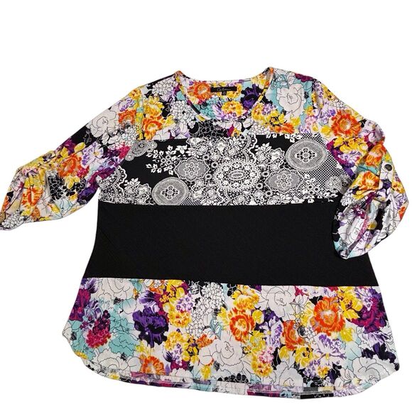 Calessa Floral Tunic Top Womens 2X White Black Colorblock Roll Tab Sleeves - Picture 4 of 11